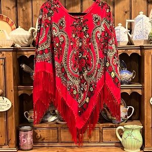 Floral fringed poncho